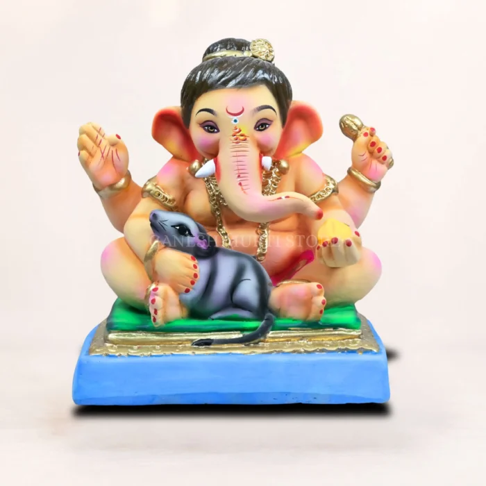 Handcrafted Baal Ganesh Mushak 12 inch eco-friendly pink dhooti clay idol for Ganesh Chaturthi home pooja