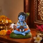 Bal Roop Lord Krishna idol with cow handmade terracotta clay figurine for home mandir