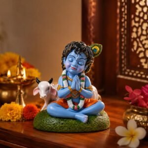 Bal Roop Lord Krishna idol with cow handmade terracotta clay figurine for home mandir