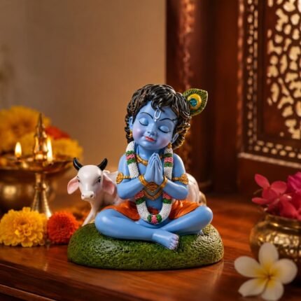 Bal Roop Lord Krishna idol with cow handmade terracotta clay figurine for home mandir