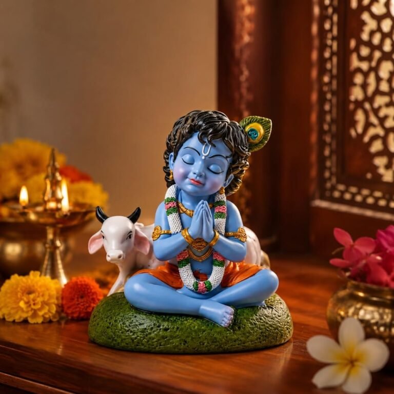 Bal Roop Lord Krishna idol with cow handmade terracotta clay figurine for home mandir