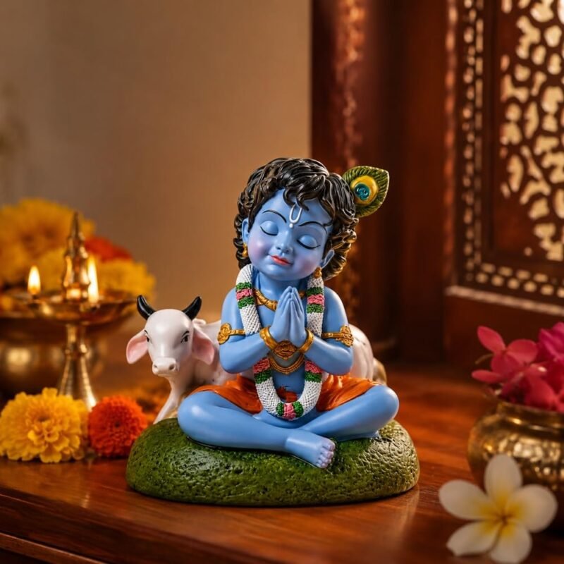 Bal Roop Lord Krishna idol with cow handmade terracotta clay figurine for home mandir