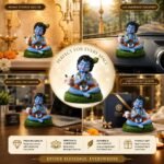 Front angle view of Bal Roop Lord Krishna idol with cow handcrafted clay figurine