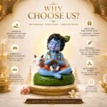 Close up of Bal Roop Lord Krishna idol with cow handmade clay figurine