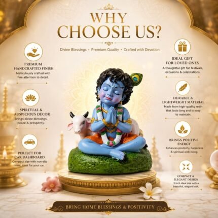 Close up of Bal Roop Lord Krishna idol with cow handmade clay figurine