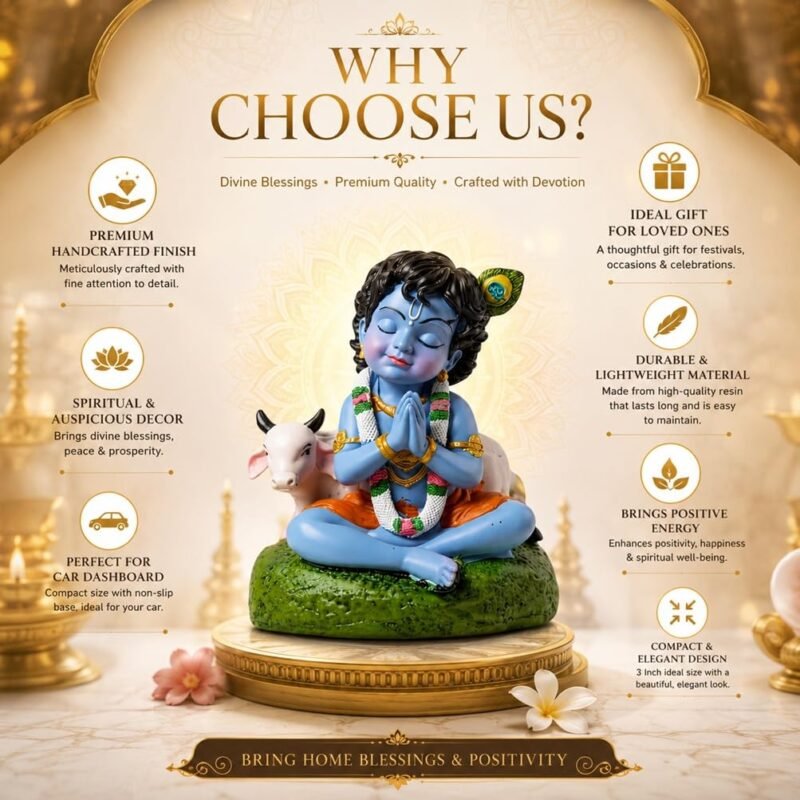Close up of Bal Roop Lord Krishna idol with cow handmade clay figurine