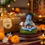 Front view of Bal Roop Lord Krishna idol with cow handmade clay statue for home decor