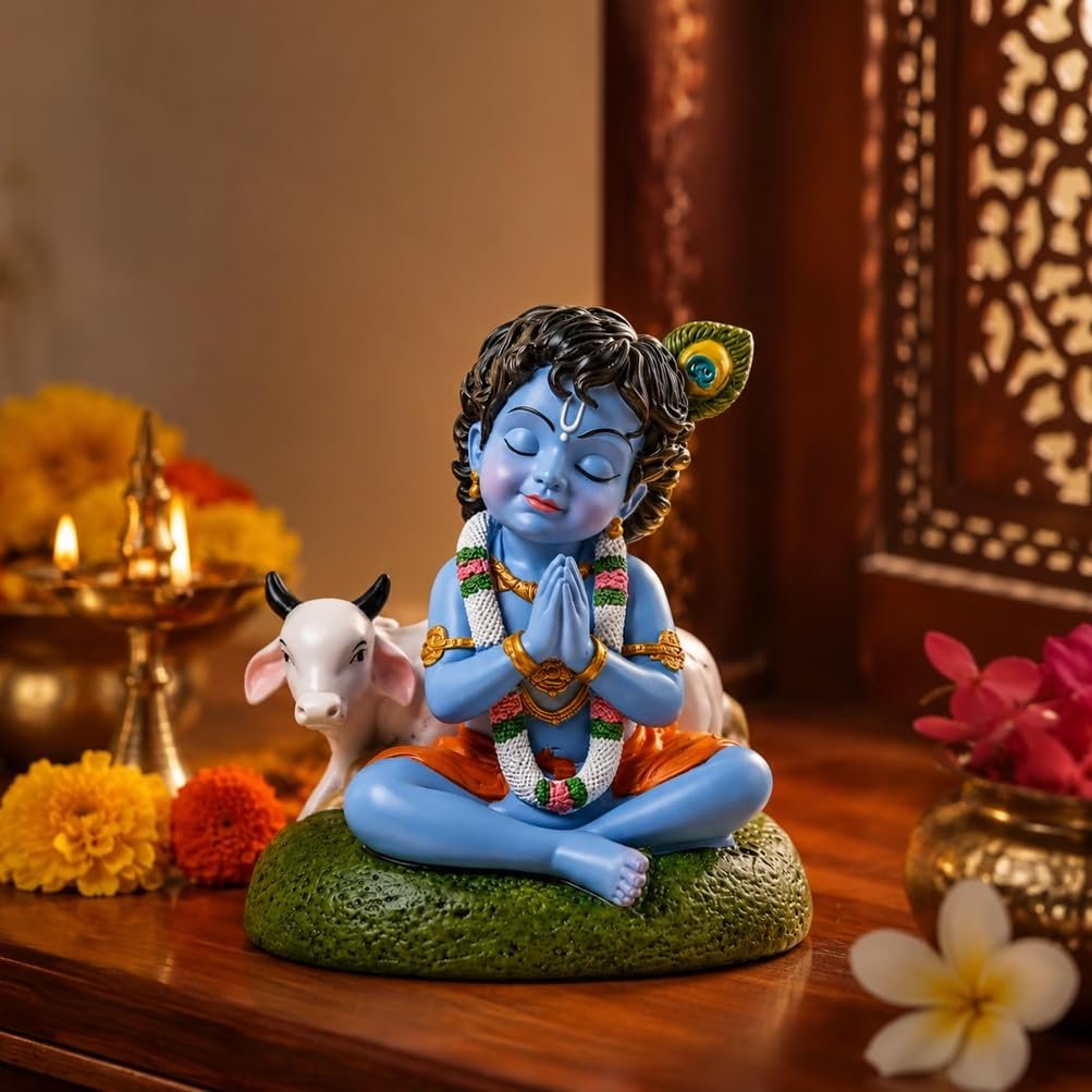 Bal Roop Lord Krishna Idol with Cow Bal Roop Lord Krishna idol with cow handmade terracotta clay figurine for home mandir