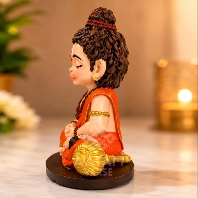 Side angle view of Balveer Hanuman Ji idol showing hand-painted ornaments and sturdy base