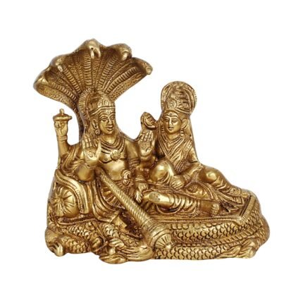 Brass Lakshmi Vishnu Idol God Goddess Statues Resting on Sheshnaag 7 Inches
