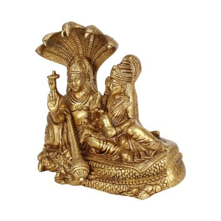 Brass Lakshmi Vishnu Idol God Goddess Statues Religious Deity Resting on Sheshnaag 7 Inches Second View