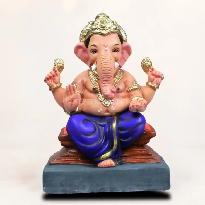 Front view of 12 inch Ambuja light yellow KP eco-friendly Shadu Mati Ganesh idol for home pooja