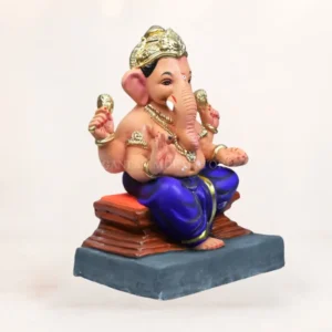 Full front view of 12 inch light yellow Ambuja KP eco-friendly clay Ganpati idol for home pooja