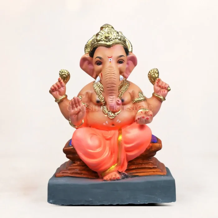 Handcrafted 12 inch Chaurang Orange KP eco-friendly clay Ganesh idol for Ganesh Chaturthi home pooja