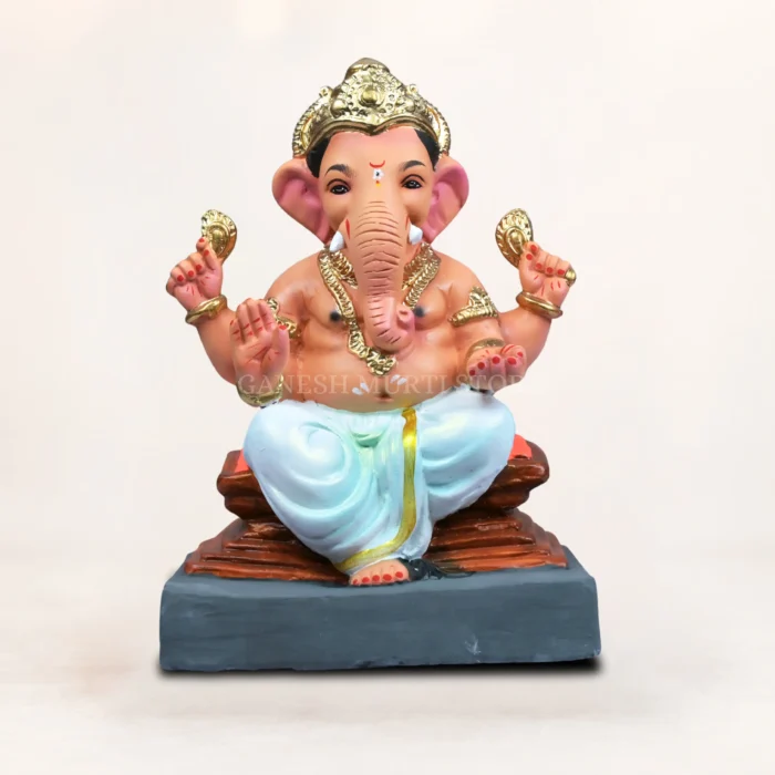 Handcrafted 12 inch Chaurang White KP eco-friendly clay Ganesh idol seated on throne for home pooja