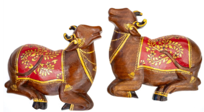 Close-up of Carved Wooden Wall Pichwai Cow 8 Inch - Detailed Wood Carving