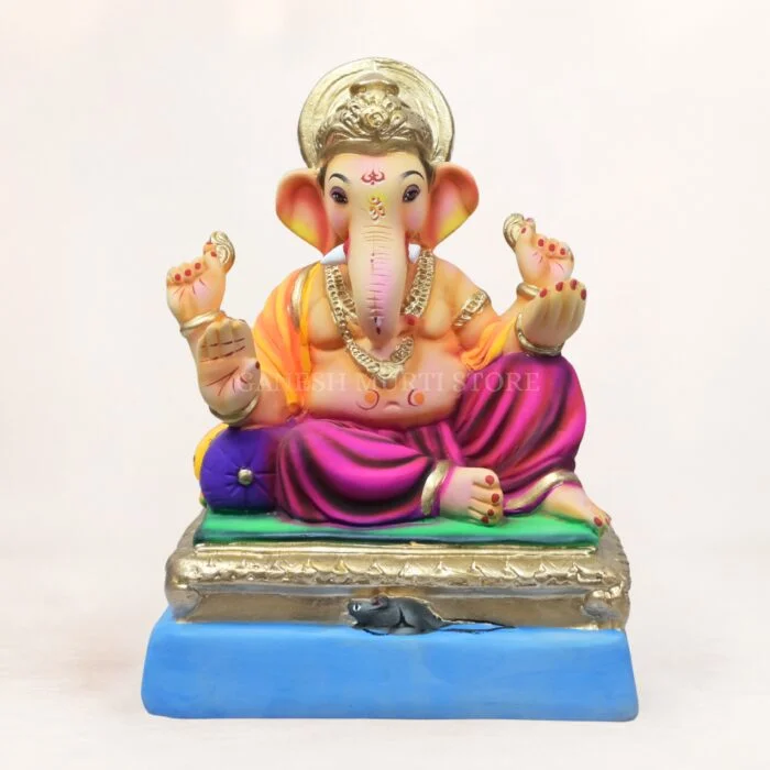 Front view of 12 inch Chaurang Orange KP eco-friendly clay Ganesh idol seated on chaurang throne