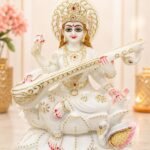 12 Inch Composite Marble Goddess Saraswati Idol in White and Gold with Veena and Swan