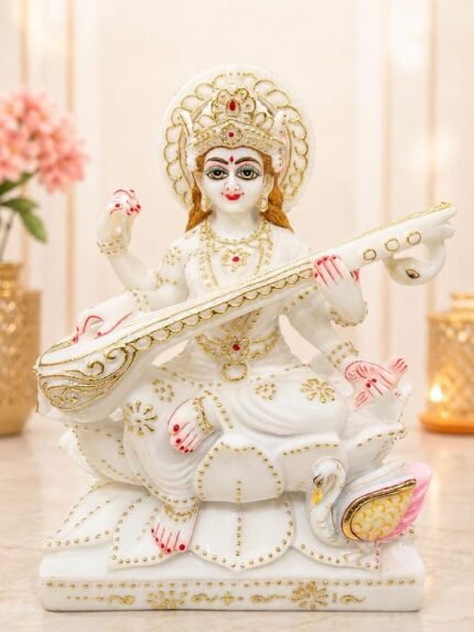 12 Inch Composite Marble Goddess Saraswati Idol in White and Gold with Veena and Swan