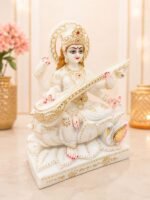 Side profile view of 12 Inch Composite Marble Goddess Saraswati Idol with gold detailing