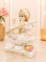 Side angle close-up of 12 Inch Composite Marble Goddess Saraswati Idol with gold detailing