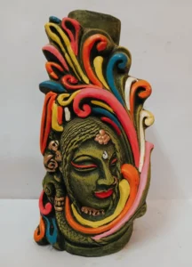 Side perspective view of fine crafted vintage design terracotta flower vase showing multicolor finish