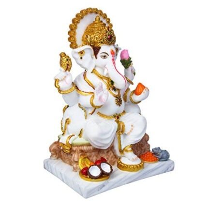 Side angle view of Seated Ganesh Marble Dust Idol in pink dhoti showing fine hand-painted details