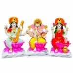Handcrafted Marble Dust Ganesh Laxmi Saraswati Trio Idol Set with intricate gold detailing
