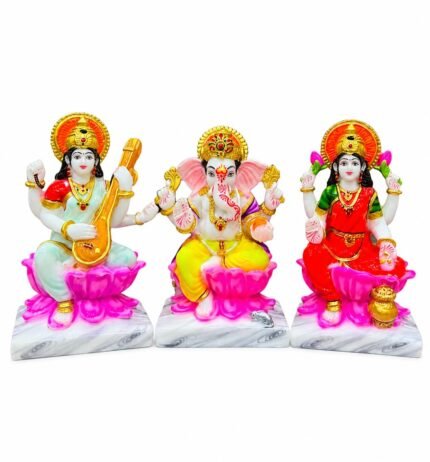 Handcrafted Marble Dust Ganesh Laxmi Saraswati Trio Idol Set with intricate gold detailing