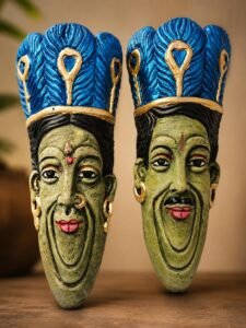 Handcrafted Terracotta Tribal Couple Face Wall Hanging 9 Inch - Front Angle View