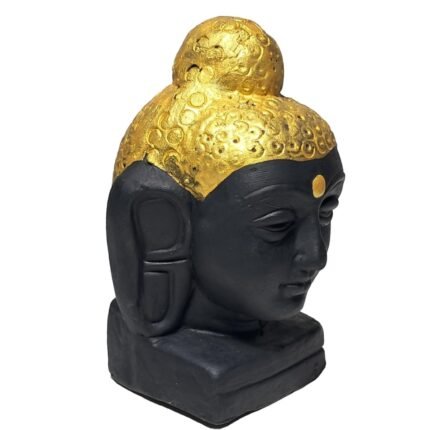 Handpainted Black Terracotta Buddha Head with Gold Accents Side Profile View