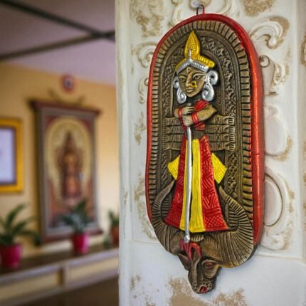 Handpainted Terracotta Mahishasura Mardini Wall Hanging Showpiece Angle View