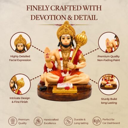 Feature infographic showing fine craftsmanship details of Hanuman Idol for Car Dashboard