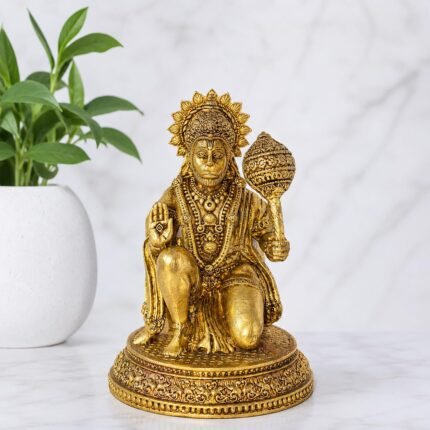 Hanuman Ji murti in solid brass with a refined gold finish for home temple mandir office and car dashboard