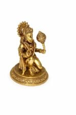 Alternate angle perspective view of Hanuman Ji murti in solid brass with gold finish for home temple and office