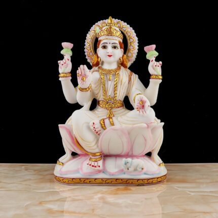 Handcrafted Hindu Goddess Lakshmi Idol seated on lotus base with golden ornaments