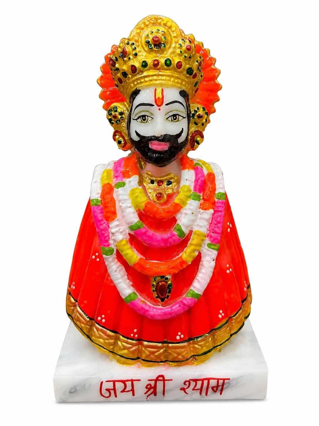 Khatu Shyam Ji 6 Inch Marble Idols 6 Inch Handcrafted Khatu Shyam Ji Marble Dust Idol with Ornate Crown and Floral Decoration