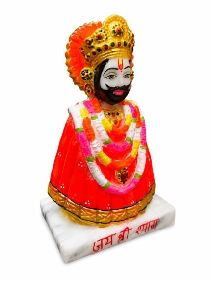 Side angle view of 6 Inch Khatu Shyam Ji Marble Dust Idol showing fine sculpting details