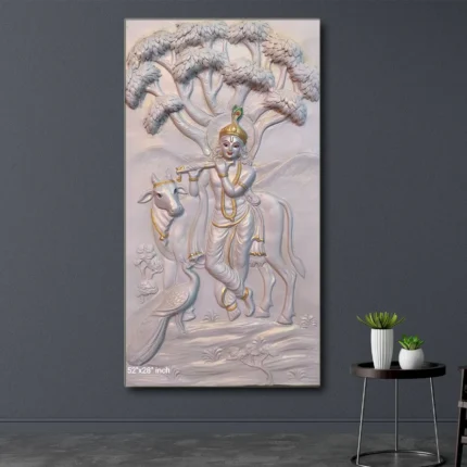Krishna with cow 3D wall art mural measuring 52 by 28 inches for home decor and living room styling