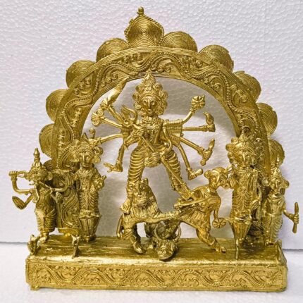 Maa Durga Family Dhokra Handicraft Brass Metal Home Decorative Showpiece Golden Color 29 CM