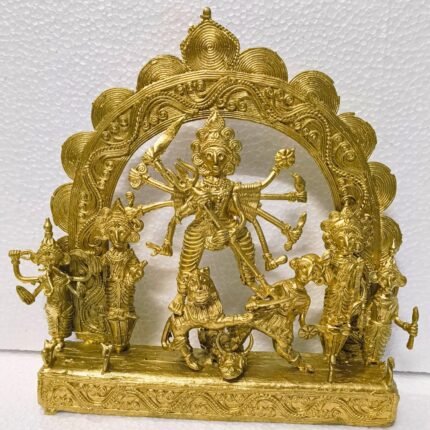 Maa Durga Family Dhokra Handicraft Brass Metal Decorative Showpiece Golden Color