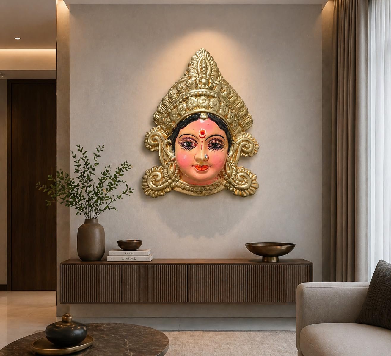 Maa Durga Terracotta Mask Wall Hanging, Golden, Premium Antique Finish, 21 x 17 cm Maa Durga Terracotta Mask Wall Hanging Golden Antique Finish