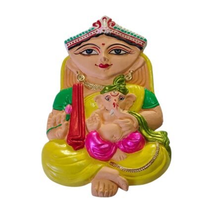 Side view of Maa Parvati and Child Ganesha handmade terracotta clay statue showing detailed craftsmanship