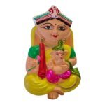 Front view of handcrafted Maa Parvati holding Child Ganesha clay idol on decorative pedestal