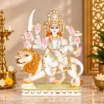 Handcrafted Marble Durga Devi Idol with intricate gold detail on lion vahana