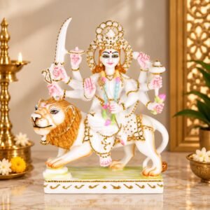 Handcrafted Marble Durga Devi Idol with intricate gold detail on lion vahana