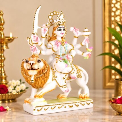 Handcrafted Marble Durga Devi Idol with intricate gold detail on lion vahana