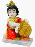 Side angle view of 5.5 Inch Marble Dust Bal Krishna Laddu Gopal Idol with butter pot