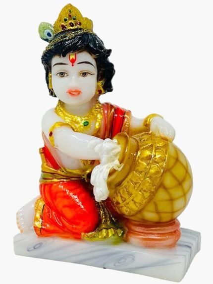 Side angle view of 5.5 Inch Marble Dust Bal Krishna Laddu Gopal Idol with butter pot