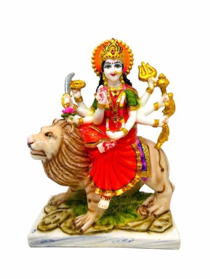 11 Inch Handcrafted Marble Dust Goddess Durga Devi Mata Sherawali Idol on Tiger